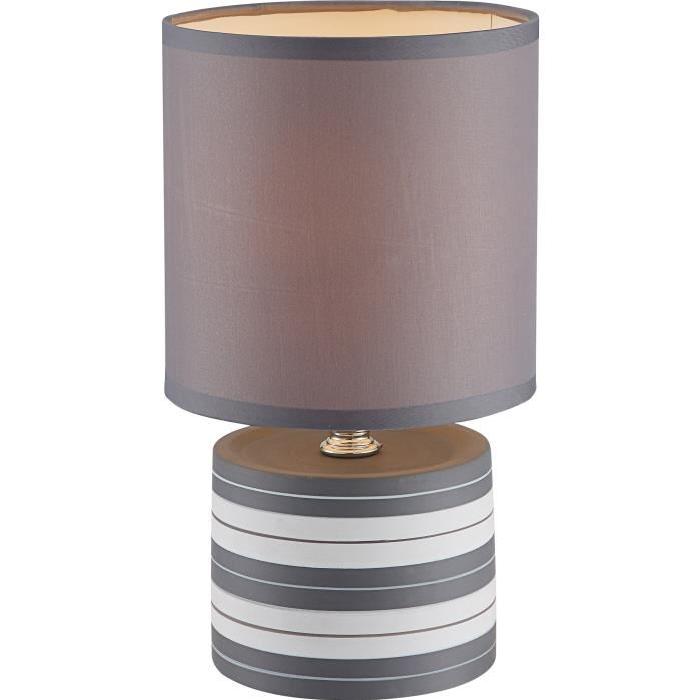 Lampe a poser céramique - Tissu gris - Interrupteur - Diametre 14 cm - Hauteur 26 cm - Gris / blanc