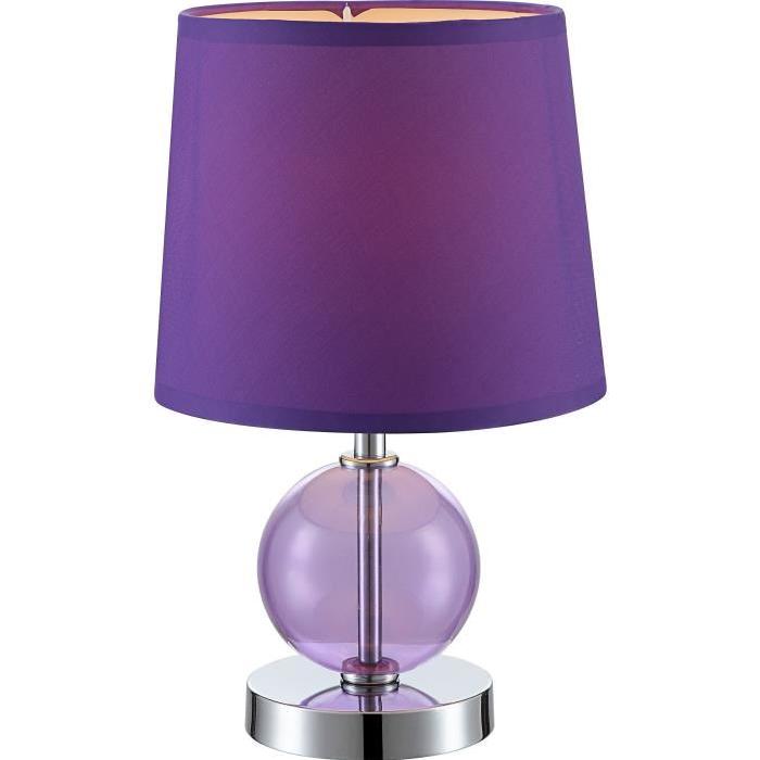 Lampe a poser chrome - Verre violet - Tissu lilas - Interrupteur - Diametre 18 cm - Hauteur 30 cm