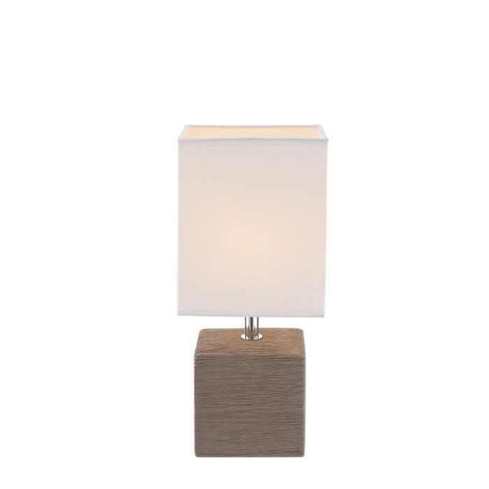 Lampe a poser céramique - Tissu blanc - Interrupteur - 13x11x29 cm -  Marron