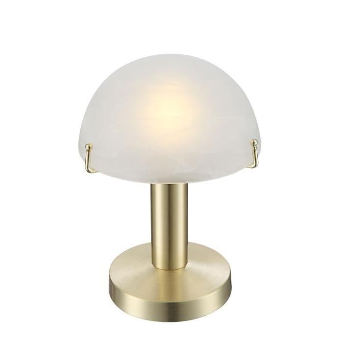 Lampe a poser laiton mat - Verre optique albâtre blanc - Touch on / off - Diametre 15 cm - Hauteur 22,5 cm