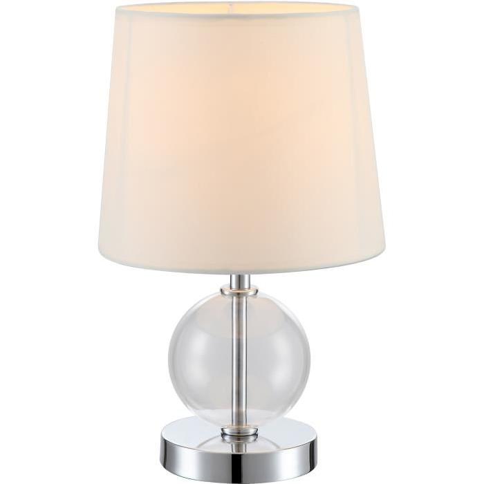 Lampe a poser chrome - Verre transparent - Tissu blanc - Interrupteur - Diametre 18 cm - Hauteur 30 cm