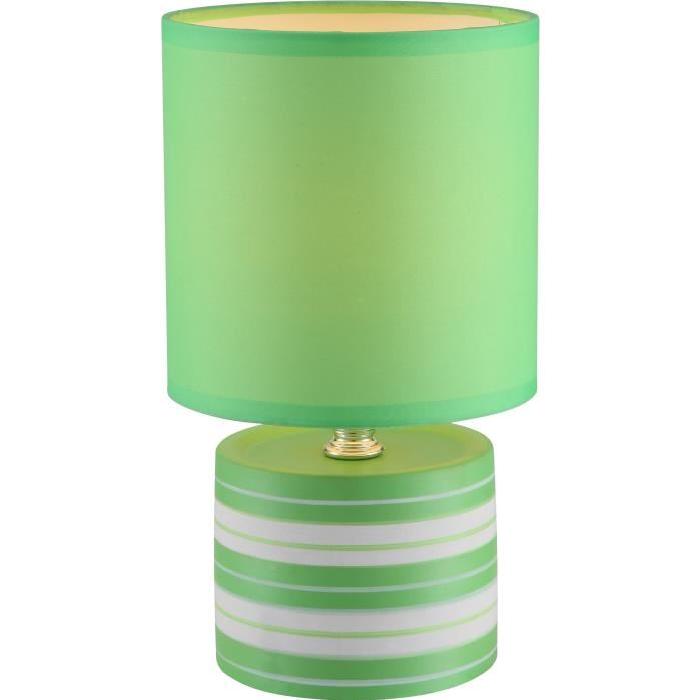 Lampe a poser céramique - Tissu vert - Interrupteur - Diametre 14 cm - Hauteur 26 cm -  Vert / Blanc