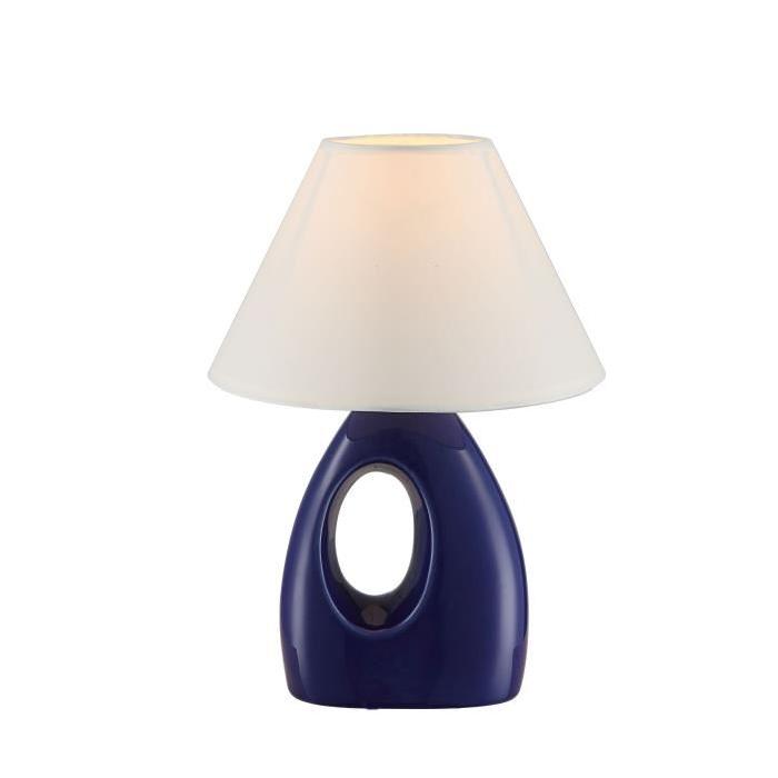 Lampe a poser céramique - Tissu blanc - Interrupteur - Diametre 20 cm - Hauteur 26 cm -  Bleu