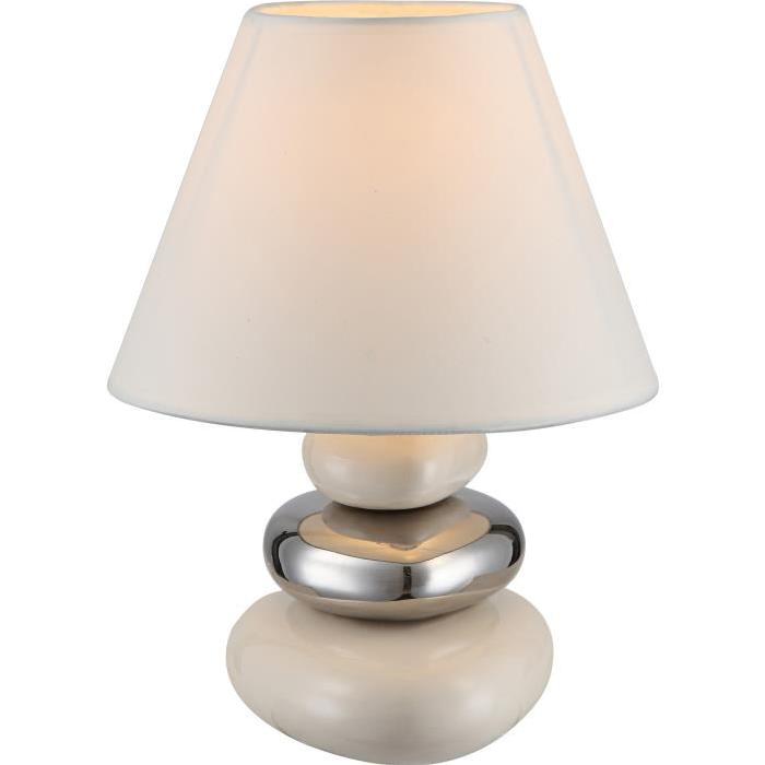 Lampe a poser céramique - Tissu beige - Interrupteur - Diametre 18 cm - Hauteur 24 cm -  Beige chrome