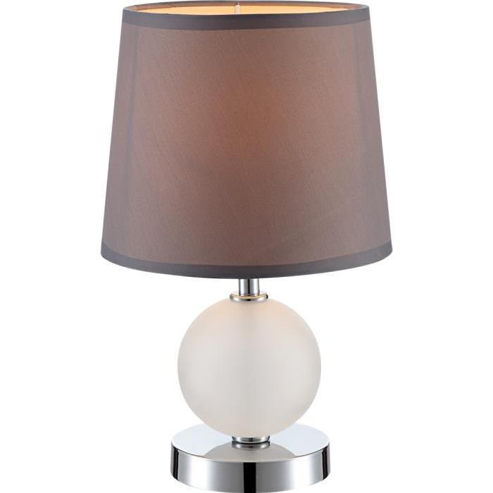 Lampe a poser chrome - Verre satiné - Tissu gris métallisé - Interrupteur - Diametre 18 cm - Hauteur 30 cm