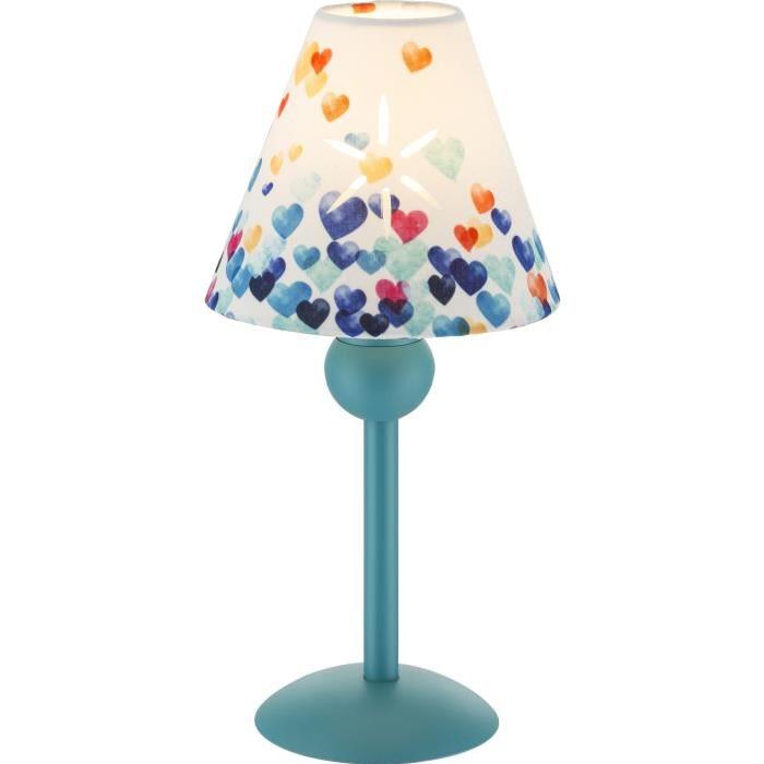 Lampe a poser - Tissu blanc - Plastique blanc - Interrupteur - Diametre 12,5 cm - Hauteur 25,8 cm -  Turquoise