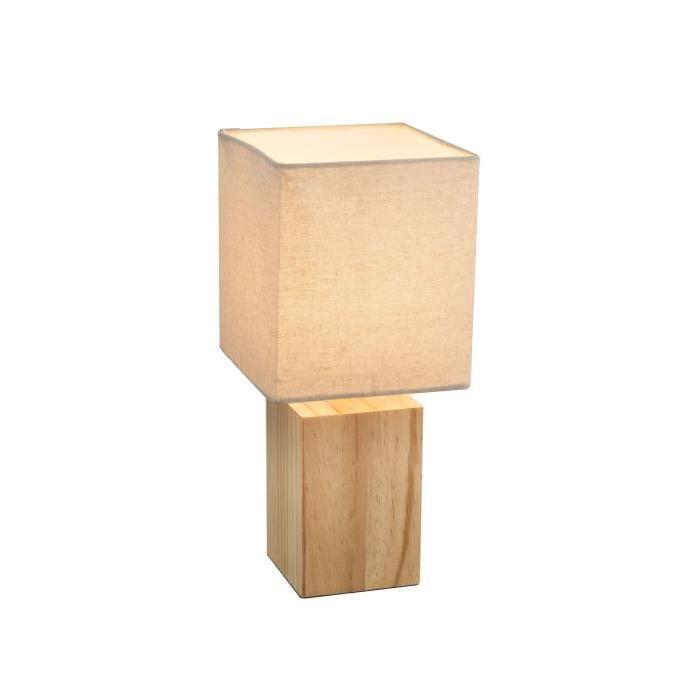 Lampe a poser - Tissu beige - Interrupteur - 16x16x35 cm -  Bois clair