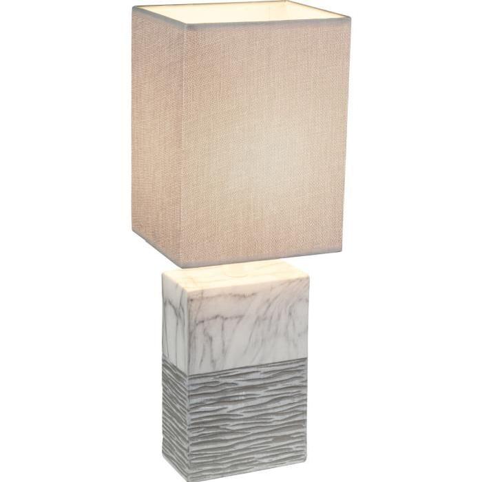 Lampe a poser céramique - Marbre - Tissu gris - Interrupteur - 20x14x51 cm