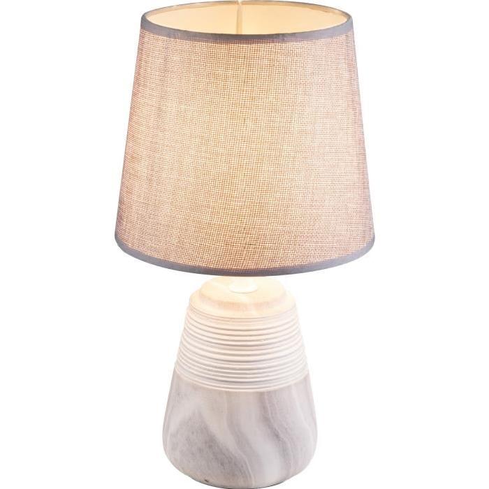 Lampe a poser céramique - Marbre - Tissu gris - Interrupteur - Diametre 14 cm - Hauteur 33 cm