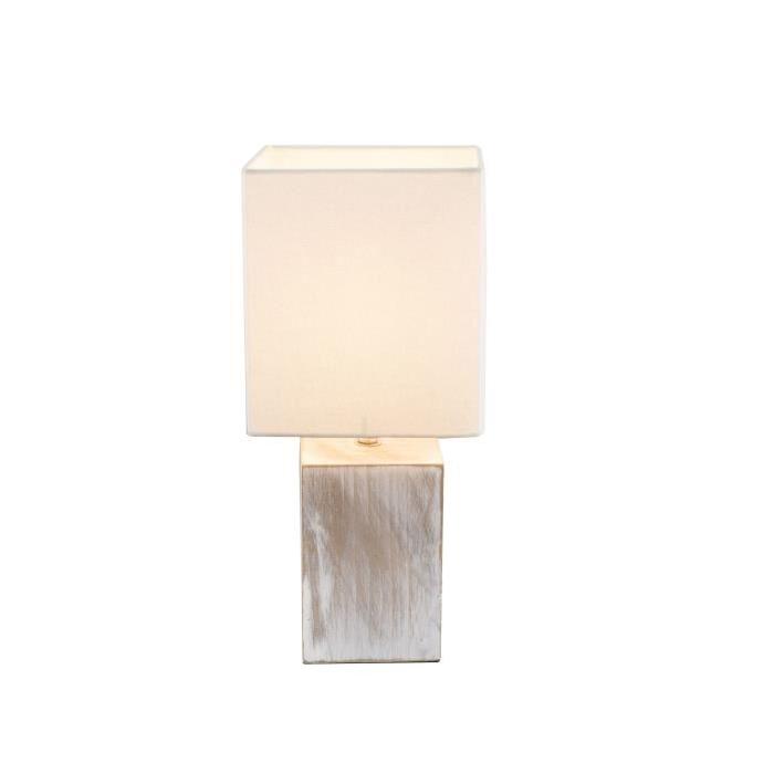 Lampe a poser bois - Tissu - Interrupteur - 16x16x35 cm -  Blanc