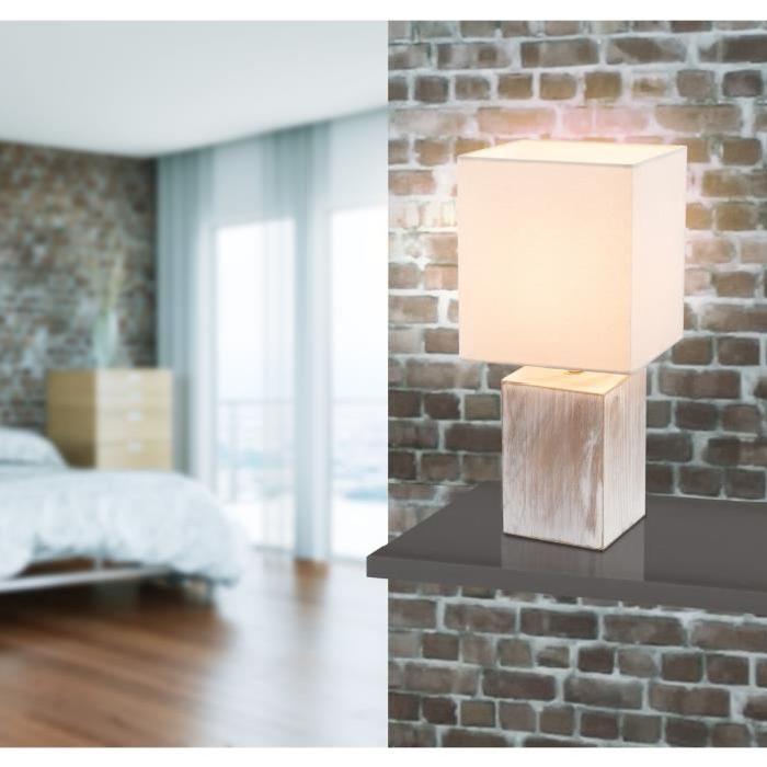 Lampe a poser bois - Tissu - Interrupteur - 16x16x35 cm -  Blanc