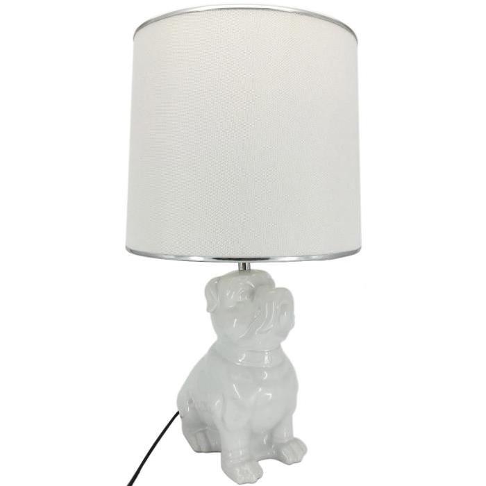 Lampe a poser en céramique forme chien hauteur 57 cm avec abat-jour diametre 30 cm E27 15W blanc liseret chrome