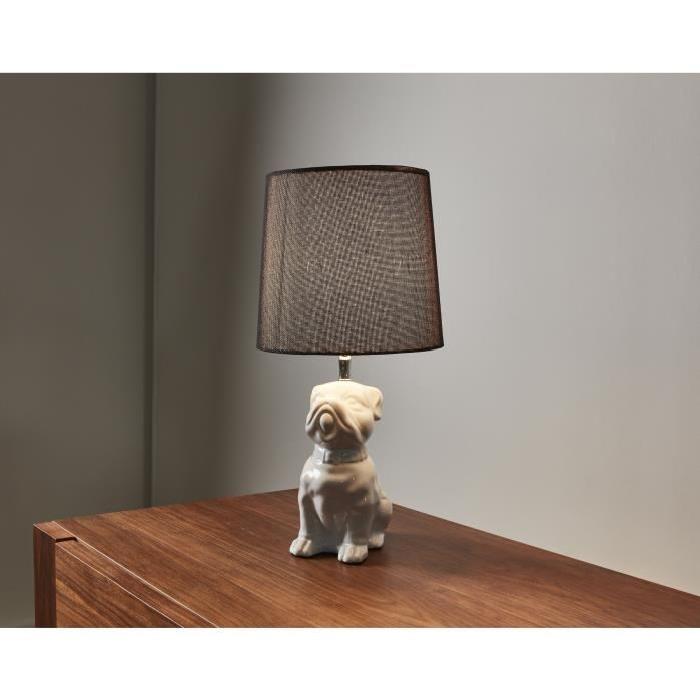 Lampe a poser en céramique forme chien hauteur 57 cm avec abat-jour diametre 30 cm E27 15W blanc liseret chrome