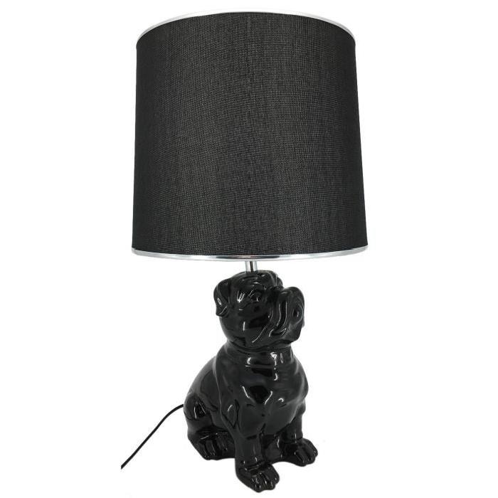 Lampe a poser en céramique forme chien hauteur 57 cm avec abat-jour diametre 30 cm E27 15W noir liseret chrome