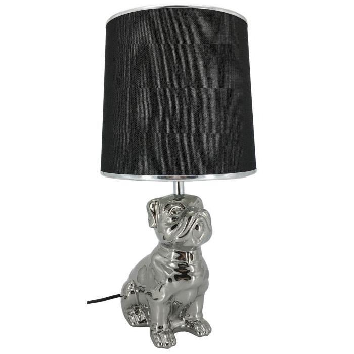 Lampe a poser en céramique forme chien hauteur 46 cm avec abat-jour diametre 22 cm E27 15W noir liseret chrome