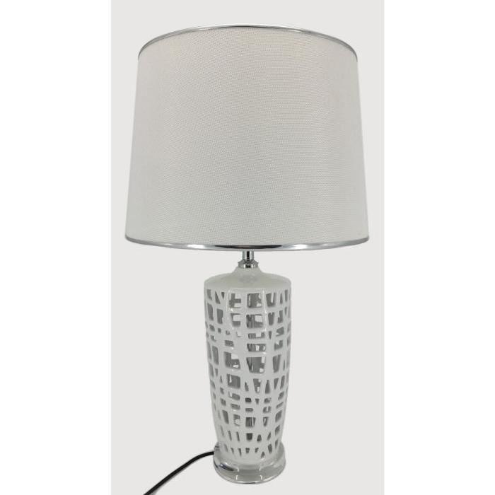 Lampe a poser en céramique hauteur 59 cm avec abat-jour diametre 35 cm E27 15W blanc liseret chrome