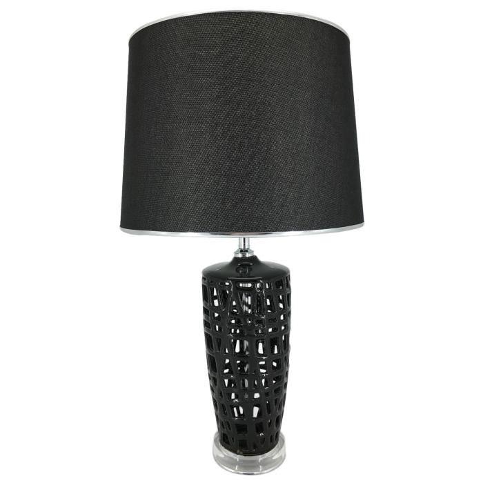 Lampe de salon en céramique hauteur 59 cm avec abat-jour diametre 35 cm E27 15W noir liseret chrome