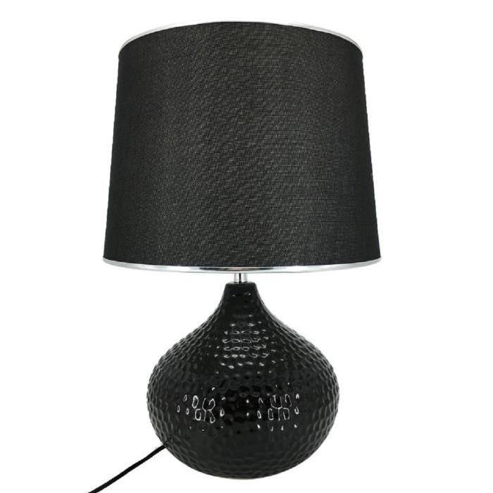 Lampe a poser en céramique forme sphere hauteur 51 cm avec abat-jour diametre 34 cm E27 15W noir liseret chrome