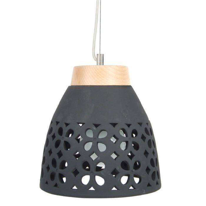 TOURALBI   Lustre - suspension céramique, diametre 25,5 cm, trous triangle, noir, top bois