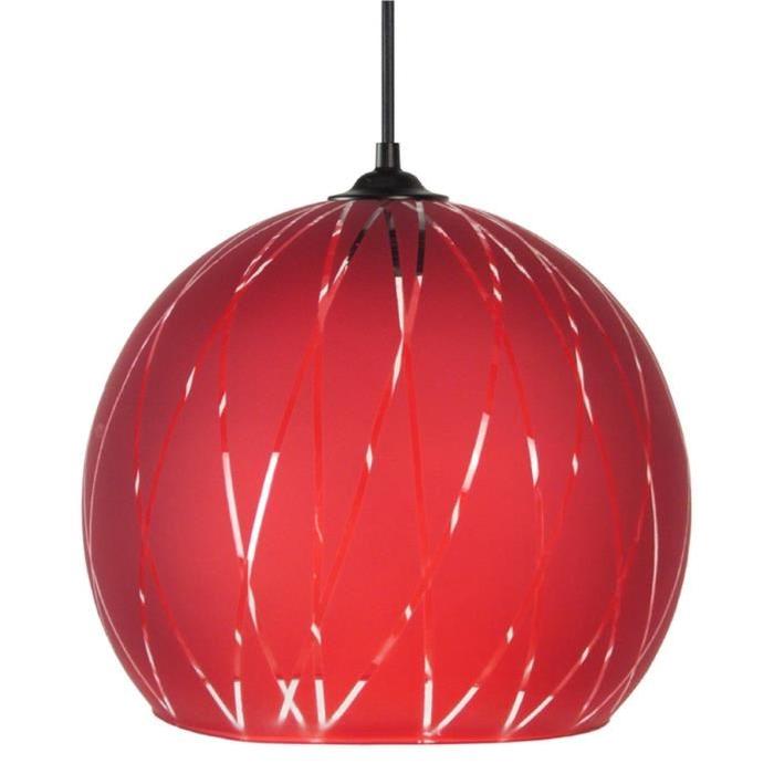 BIA Lustre - suspension verre Globe ,diametre 30 cm,décor lignes hexagonales, rouge