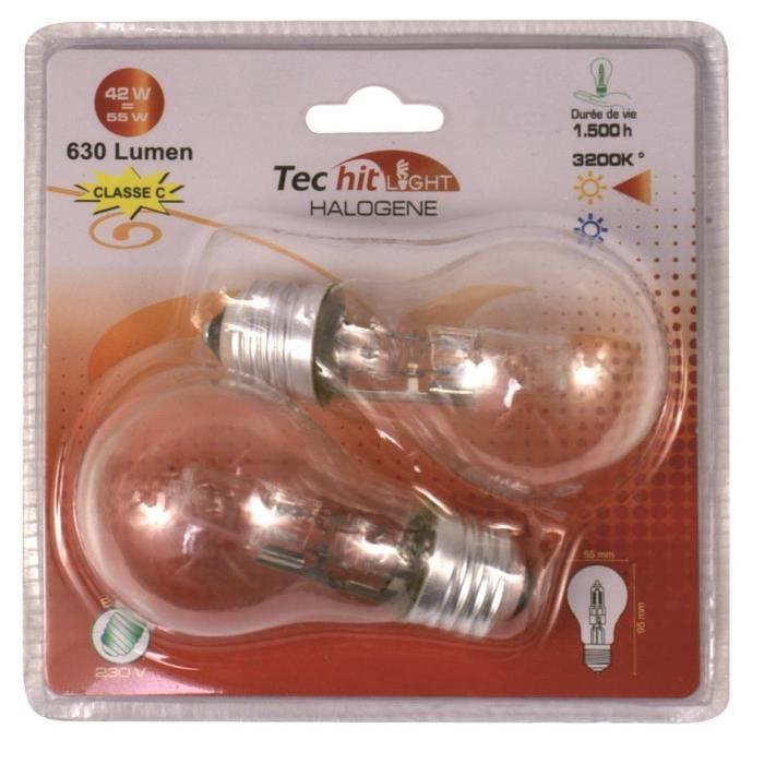 TEC HIT LIGHT Lot de 2 ampoules halogenes E27 42 W équivalent a 55 W blanc neutre