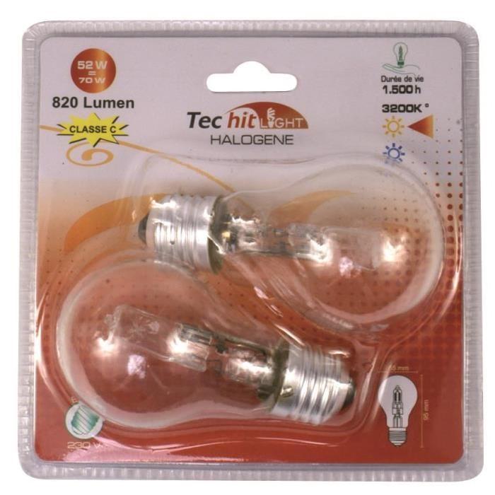 TEC HIT LIGHT Lot de 2 ampoules halogenes E27 52 W équivalent a 70 W blanc neutre