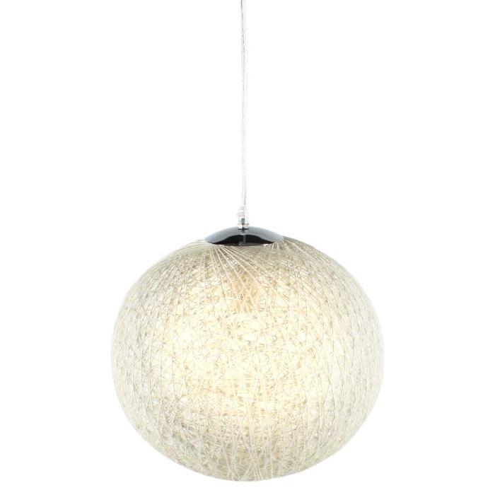 BAYA Lustre - suspension boule rotin Ř35cm blanche. Hauteur plafond 140 cm