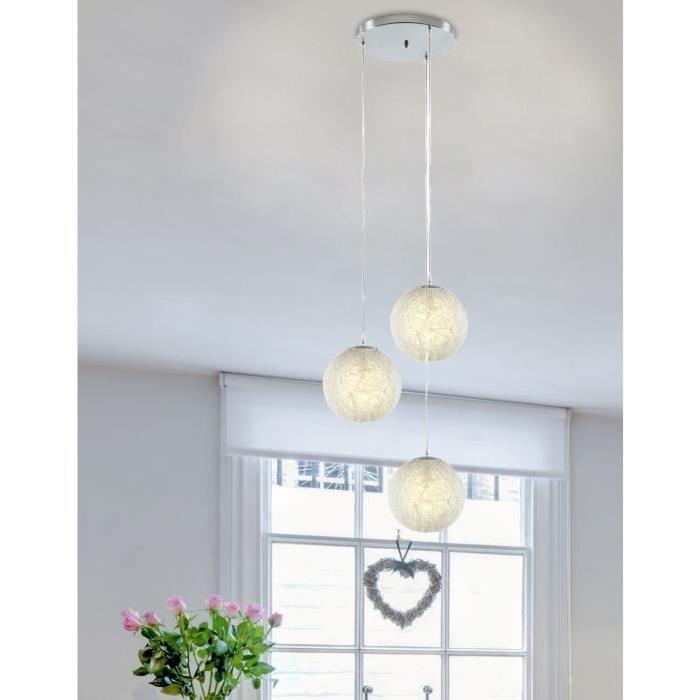 BAYA Lustre - suspension 3 boules rotin Ř20cm blanches. Hauteur plafond 105cm