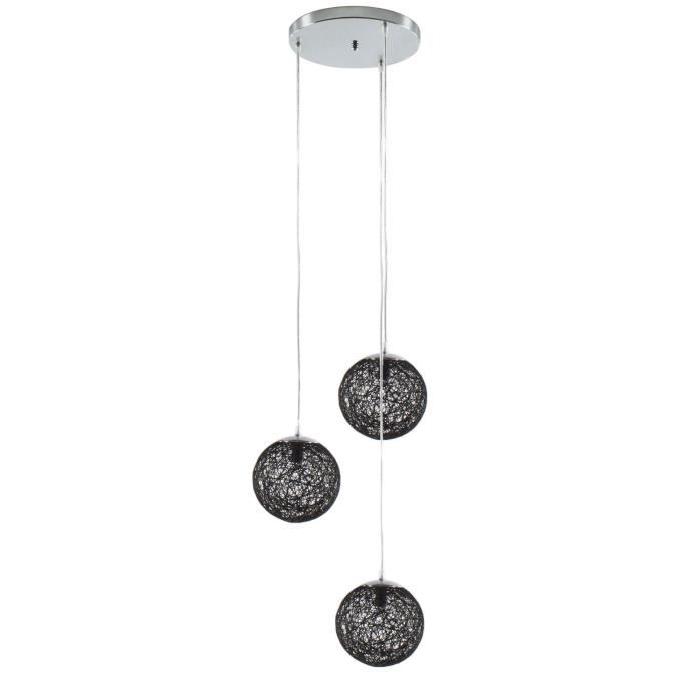 BAYA Lustre - suspension 3 boules rotin Ř20cm noires. Hauteur plafond 105cm