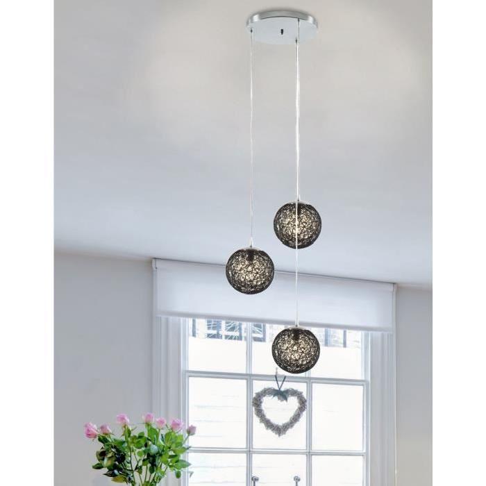 BAYA Lustre - suspension 3 boules rotin Ř20cm noires. Hauteur plafond 105cm