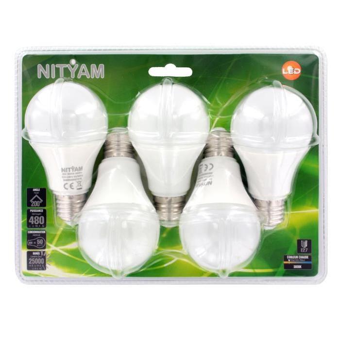 NITYAM Lot de 5 ampoules standard LED E27 6W équivalence 40W blanc chaud