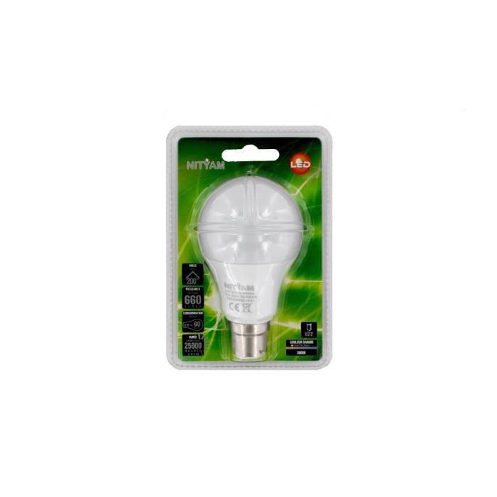 NITYAM Ampoule Led B22 standard globe 8W blanc chaud équivalent 60W