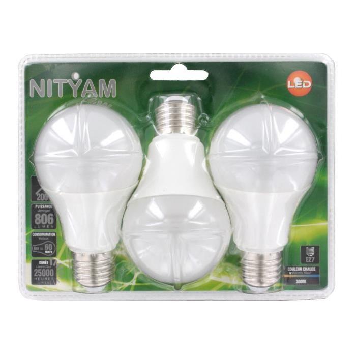 NITYAM Lot de 3 ampoules standard LED E27 9W équivalence 60W blanc chaud