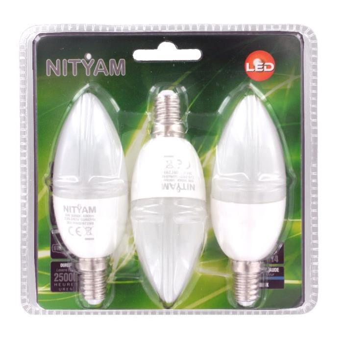 NITYAM Lot de 3 ampoules flamme LED E14 6W équivalence 40W blanc chaud