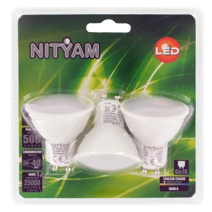 NITYAM Lot de 3 ampoules spot LED GU10 6W équivalence 40W blanc chaud