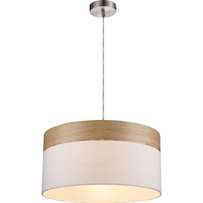 GLOBO LIGHTING Suspension luminaire mat bois marron - Tissu beige - Diametre 40 cm - Hauteur 120 cm - 60W - 230V