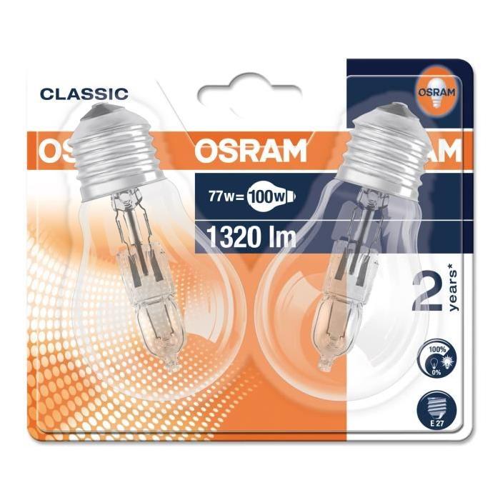 OSRAM Lot de 2 ampoules Eco-Halogenes E27 77 W équivalent a 100 W forme classique