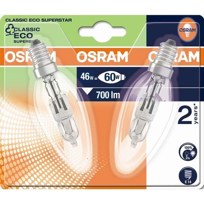 OSRAM Lot de 2 ampoules Eco-Halogenes E14 46 W équivalent a 60 W forme flamme