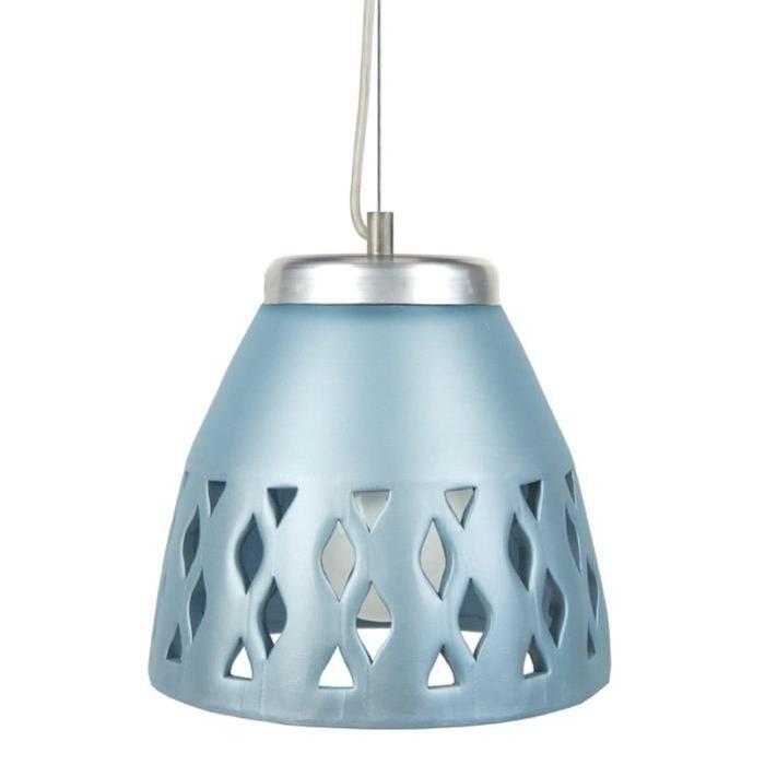 POVOA   Lustre - suspension céramique, diametre 25,5 cm, trous losange, bleu argent, top métal