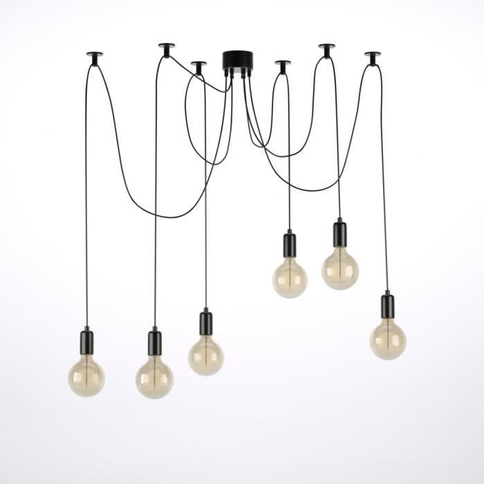 TOSEL Lustre - suspension a 6 lumieres câble 150 cm et fixation au plafond Krake E27 40W noir et transparent