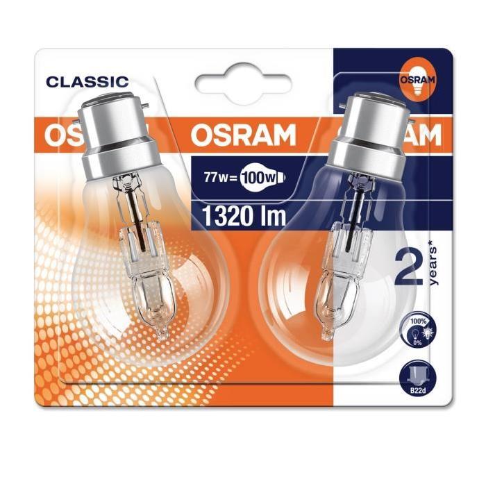 OSRAM Lot de 2 ampoules Eco-Halogenes B22 77 W équivalent a 100 W forme classique