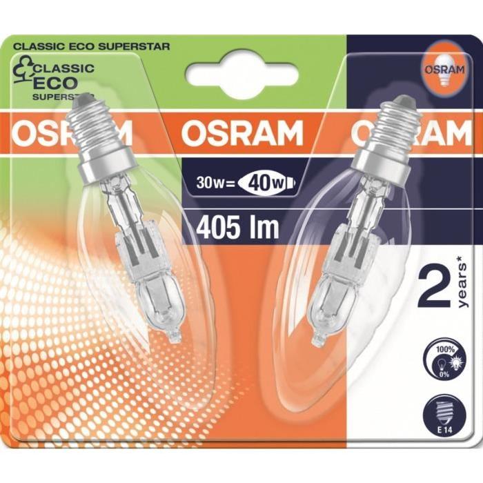 OSRAM Lot de 2 ampoules Eco-Halogenes E14 30 W équivalent a 40 W forme flamme torsadée