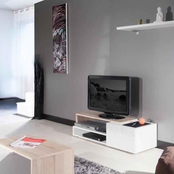 LOGO Meuble TV contemporain mélaminé blanc et décor chene + façades laquées - L 120 cm