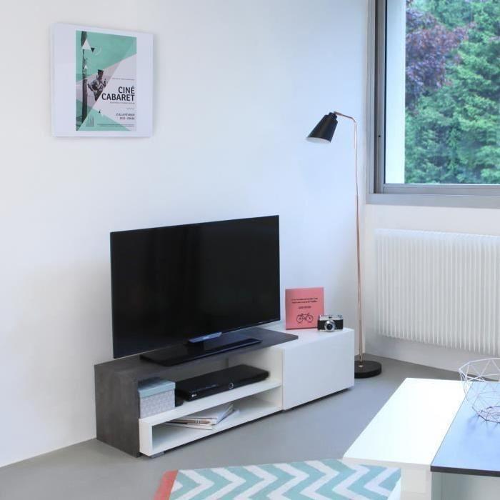 LOGO Meuble TV contemporain mélaminé blanc et effet béton + façades laquées - L 120 cm