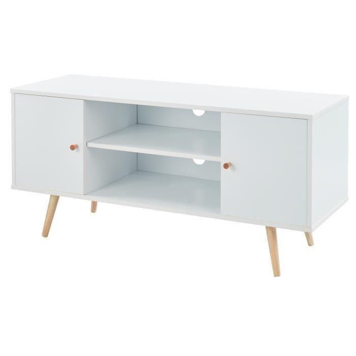 ANNETTE Meuble TV scandinave décor blanc + pieds en bois eucalyptus - L 116 cm