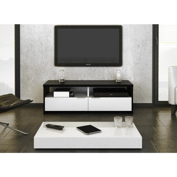 BANCO Meuble TV contemporain Décor noir et blanc brillant - L 110 cm