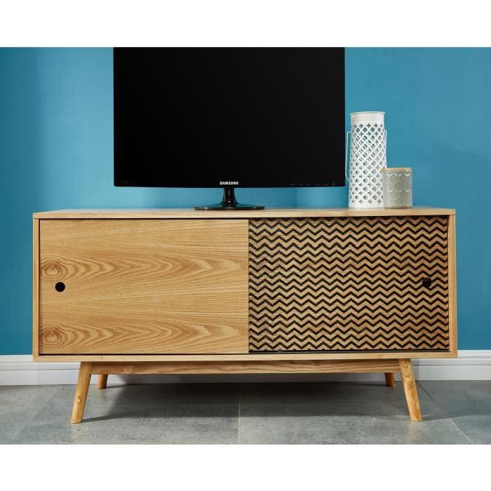 COLETTE Meuble TV scandinave pieds bois massif plaqué frene et imprimé - L 120 cm