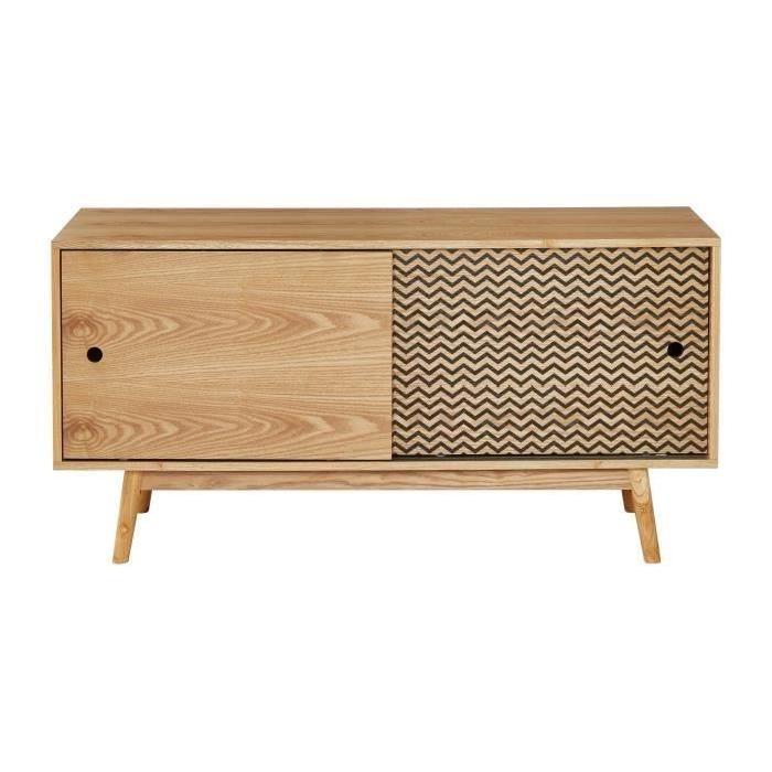 COLETTE Meuble TV scandinave pieds bois massif plaqué frene et imprimé - L 120 cm