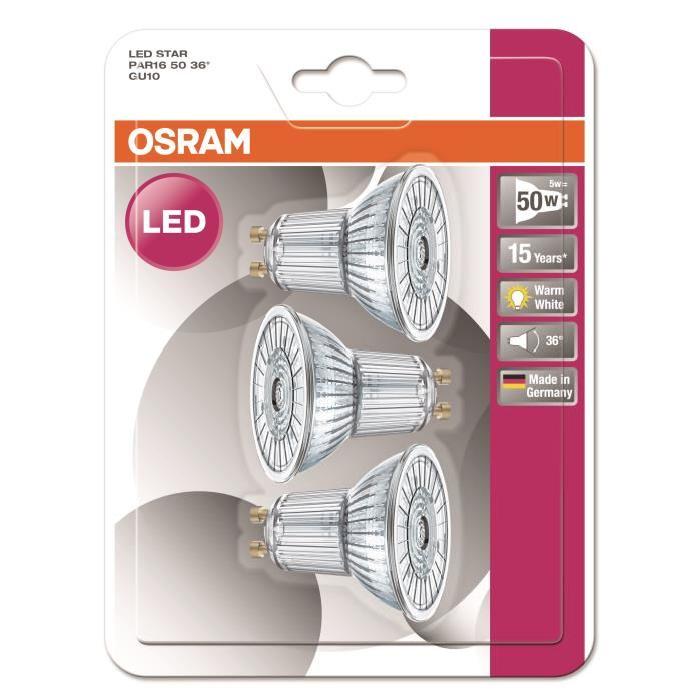 OSRAM Lot de 3 Ampoules Spots LED PAR16 GU10 4,3 W équivalent a 50 W blanc chaud