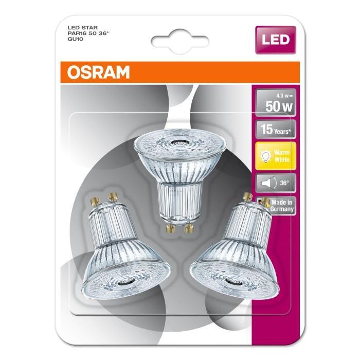 OSRAM Lot de 3 Ampoules Spots LED PAR16 GU10 4,3 W équivalent a 50 W blanc chaud